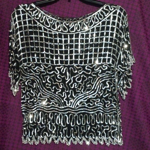 Vintage Tops - 🤠Beautiful Vintage Sheer Sequined Top With Seperate Satin Tank Top Size Medium